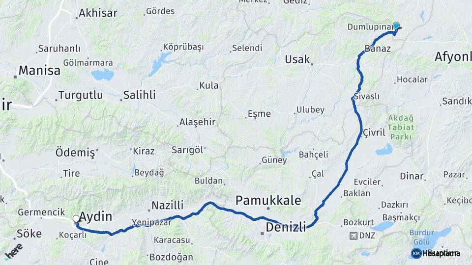 Kütahya Dumlupınar Aydın Arası Kaç Km - Yol Haritası