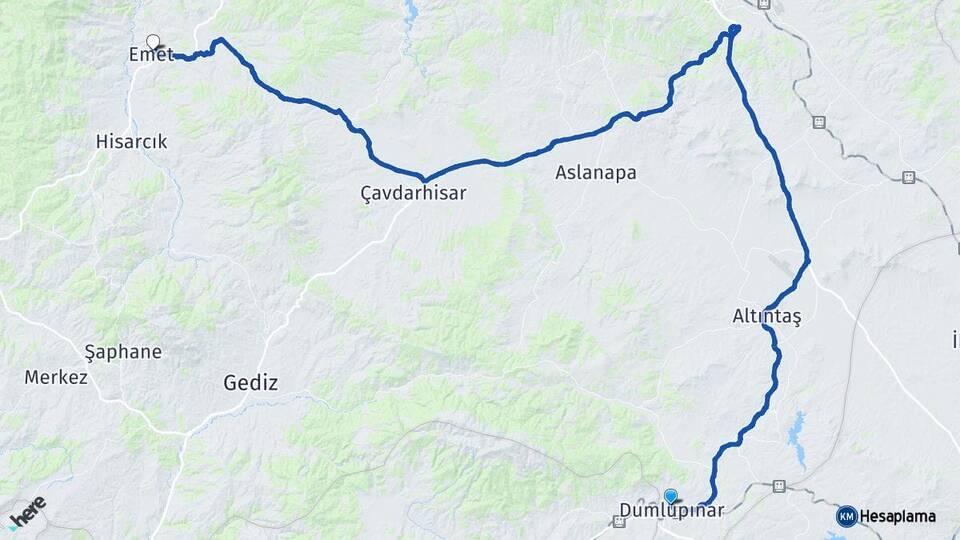 Kütahya Dumlupınar Emet Arası Kaç Km - Yol Haritası