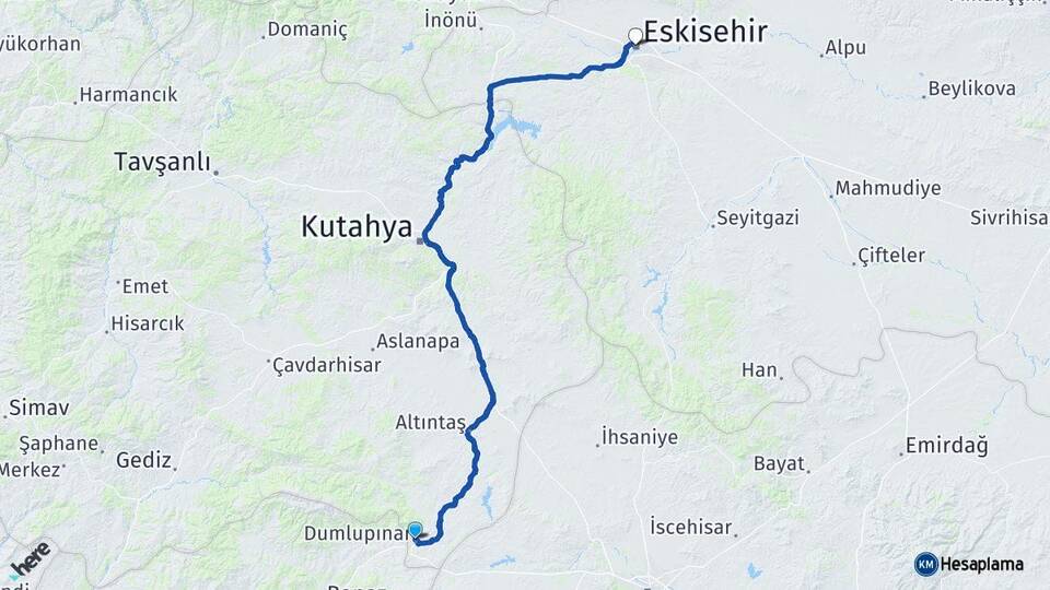 Kütahya Dumlupınar Eskişehir Arası Kaç Km - Yol Haritası