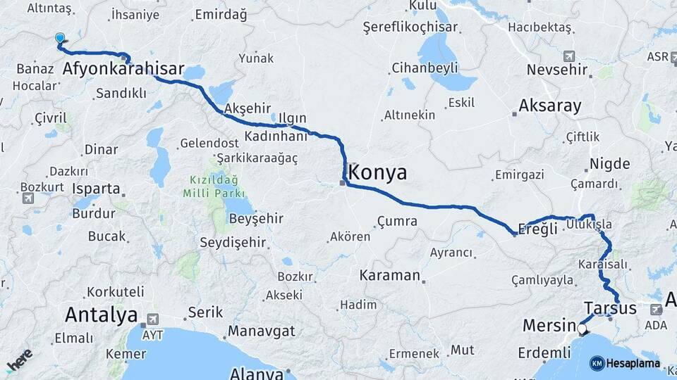 Kütahya Dumlupınar Mersin Arası Kaç Km - Yol Haritası