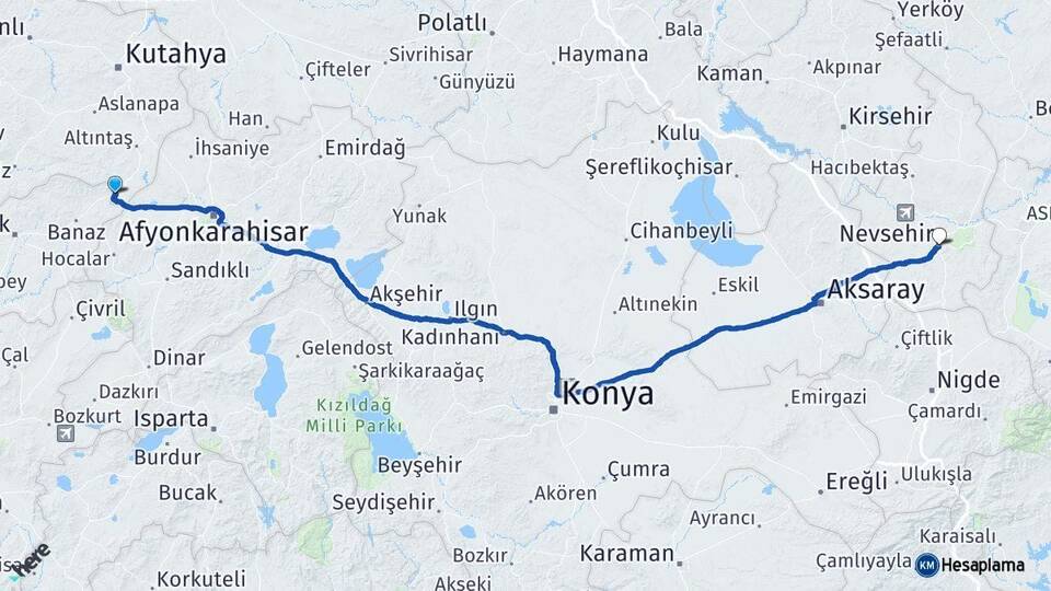 Kütahya Dumlupınar Nevşehir Arası Kaç Km - Yol Haritası