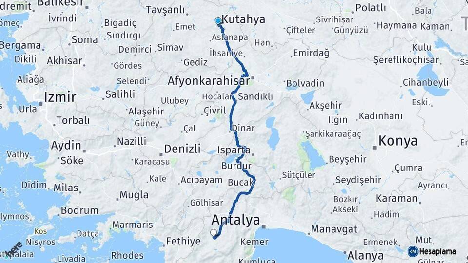 Kütahya Elmalı Antalya Arası Kaç Km - Yol Haritası