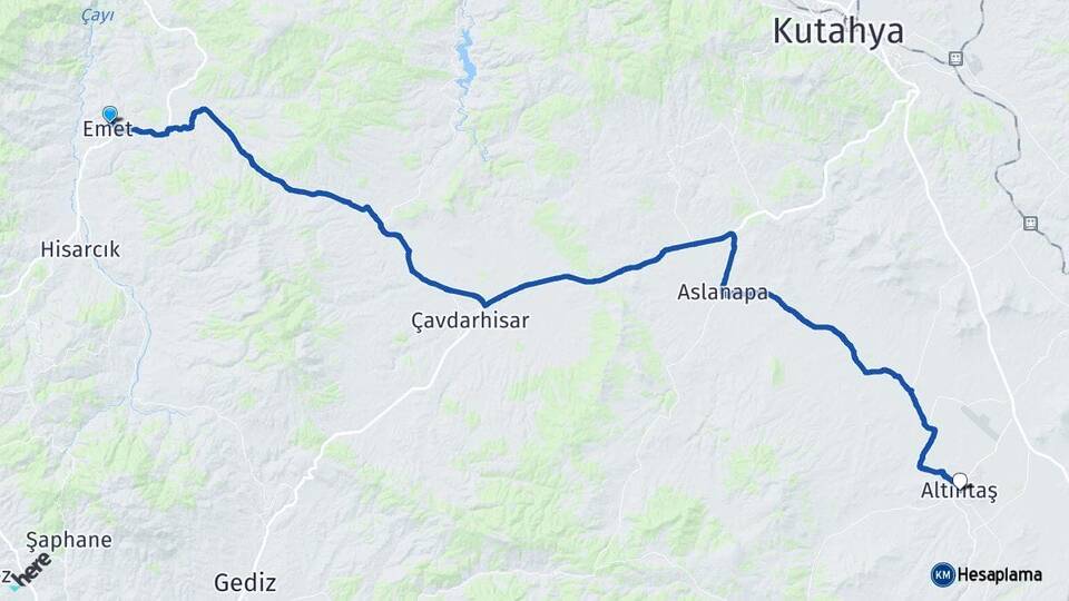 Kütahya Emet Altıntaş Arası Kaç Km - Yol Haritası