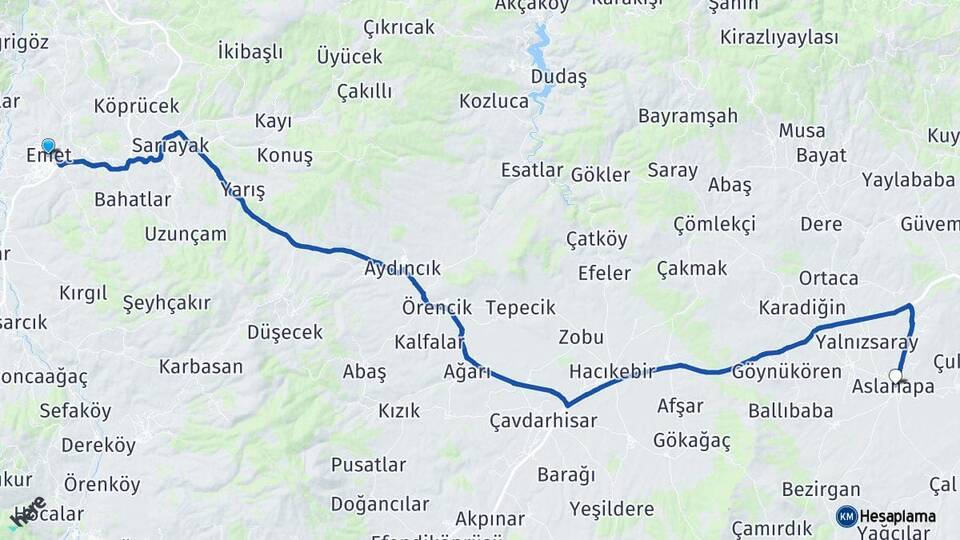 Kütahya Emet Aslanapa Arası Kaç Km - Yol Haritası