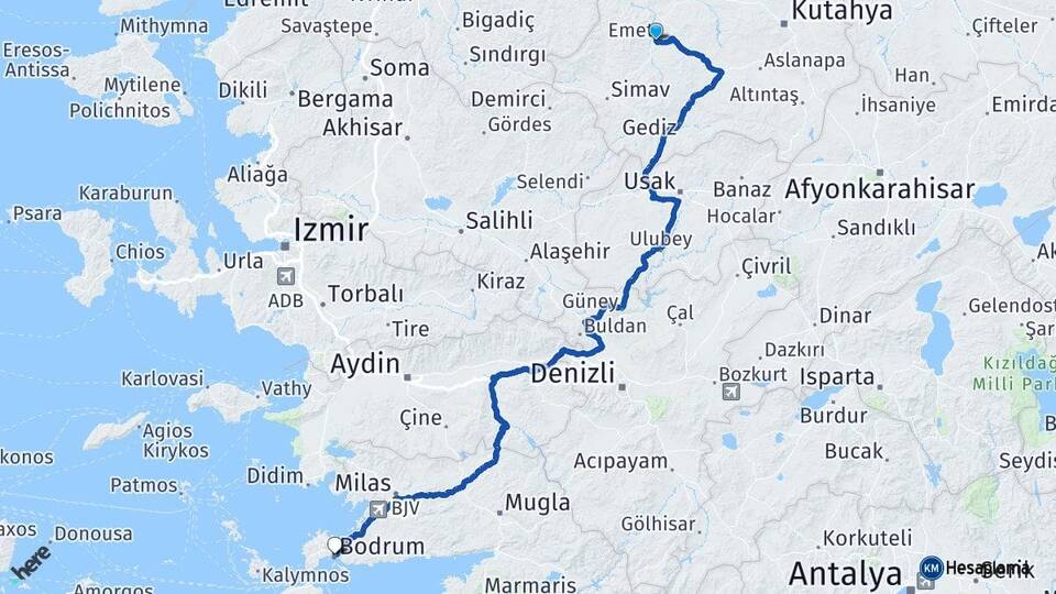 Kütahya Emet Bodrum Muğla Arası Kaç Km - Yol Haritası