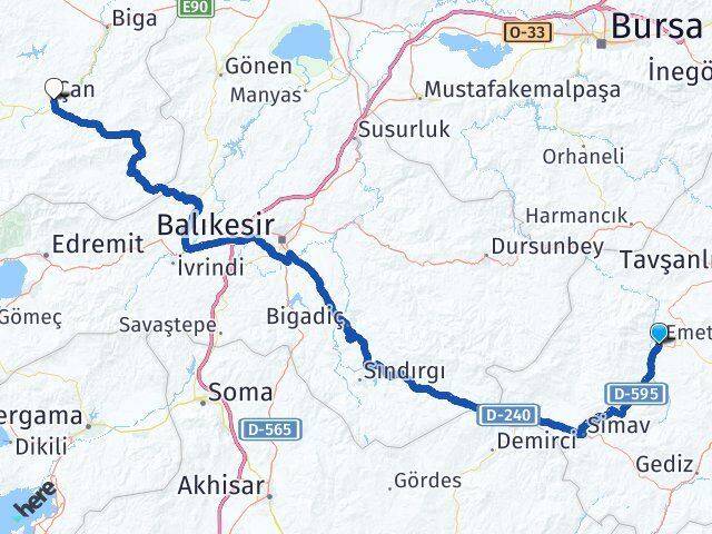Kütahya Emet Çan Çanakkale Arası Kaç Km - Yol Haritası