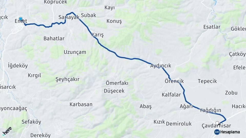 Kütahya Emet Çavdarhisar Arası Kaç Km - Yol Haritası