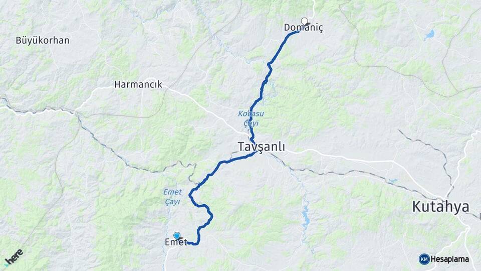 Kütahya Emet Domaniç Arası Kaç Km - Yol Haritası
