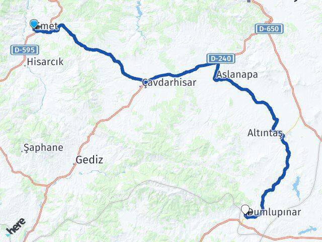 Kütahya Emet Dumlupınar Arası Kaç Km - Yol Haritası