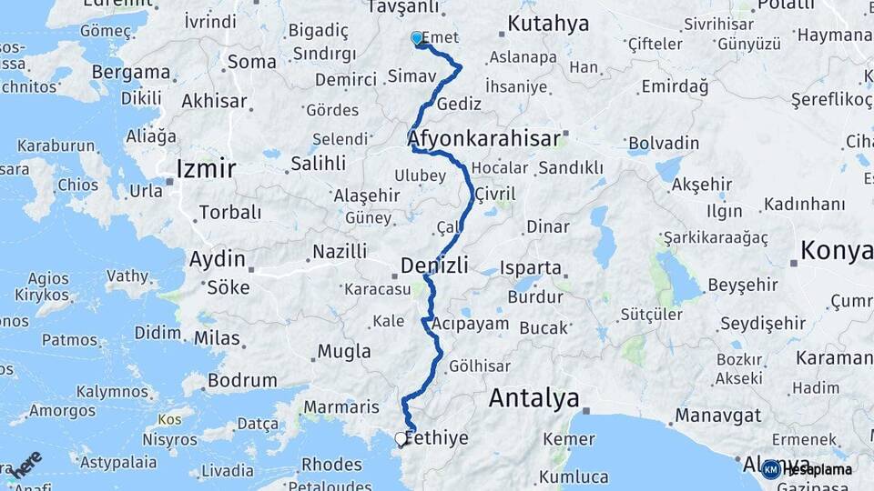 Kütahya Emet Fethiye Muğla Arası Kaç Km - Yol Haritası