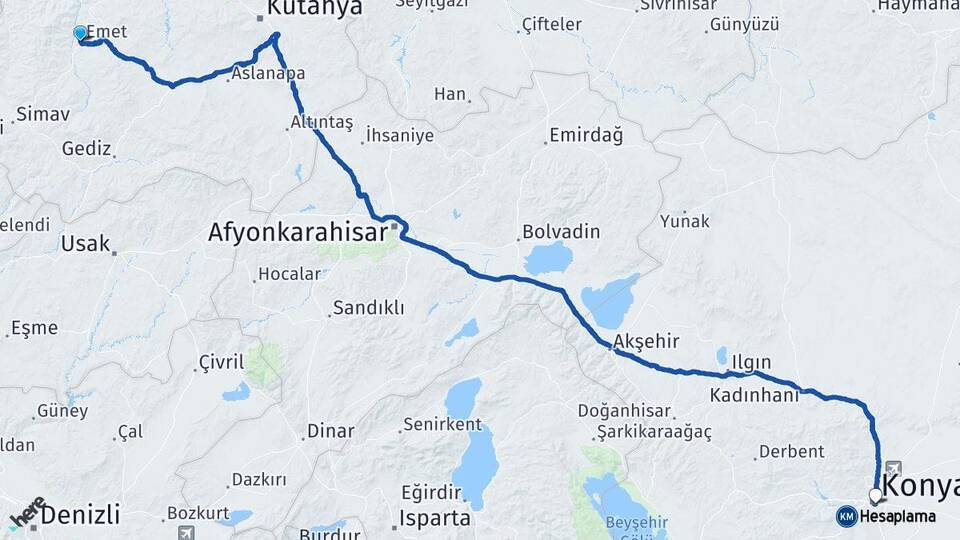 Kütahya Emet Konya Arası Kaç Km - Yol Haritası