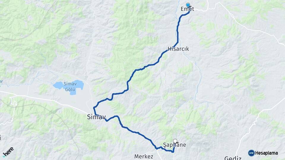 Kütahya Emet Şaphane Arası Kaç Km - Yol Haritası