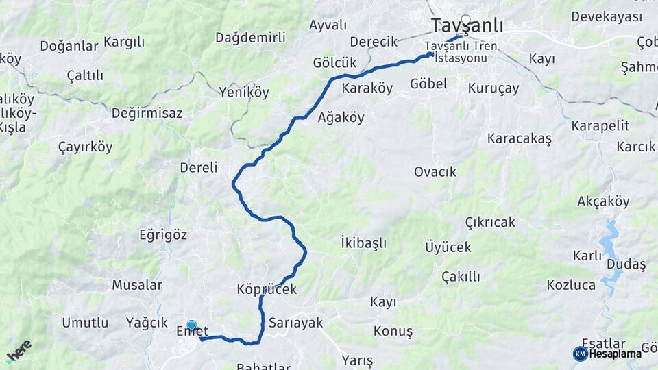 Kütahya Emet Tavşanlı Arası Kaç Km - Yol Haritası