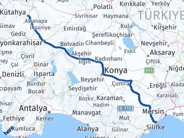Kütahya Erdemli Mersin Arası Kaç Km - Yol Haritası