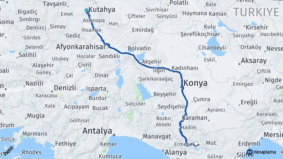 Kütahya Ermenek Karaman Arası Kaç Km - Yol Haritası