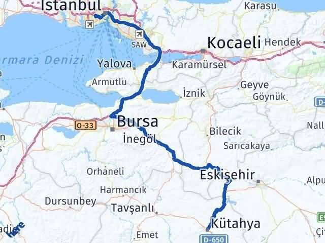 Kütahya Esenler İstanbul Arası Kaç Km - Yol Haritası