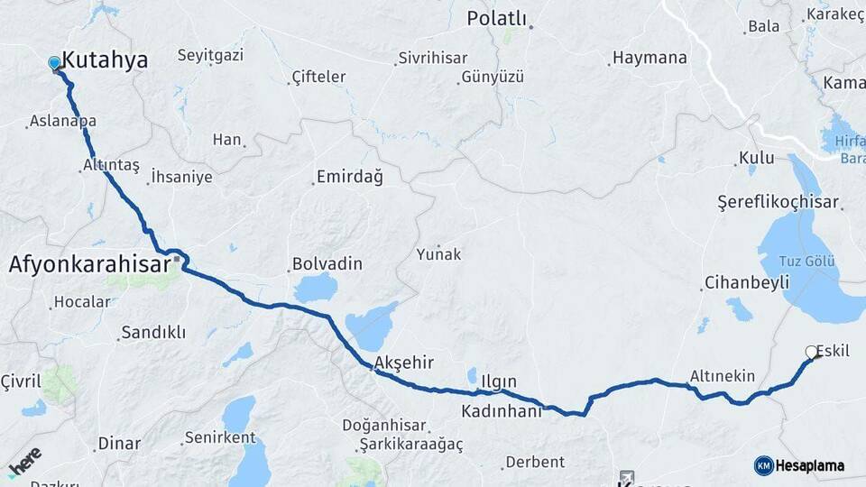 Kütahya Eskil Aksaray Arası Kaç Km - Yol Haritası