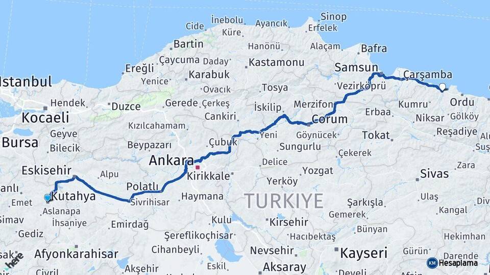Kütahya Fatsa Ordu Arası Kaç Km - Yol Haritası