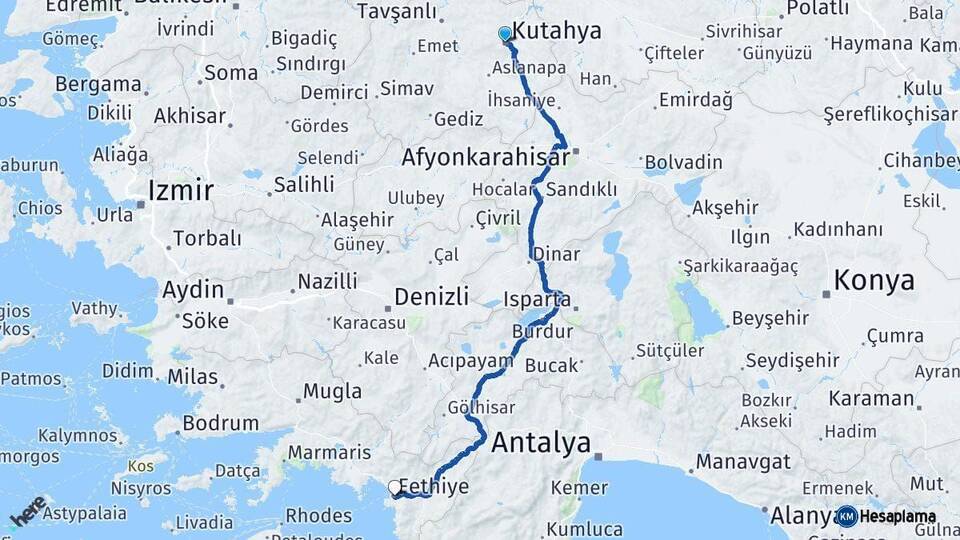 Kütahya Fethiye Muğla Arası Kaç Km - Yol Haritası