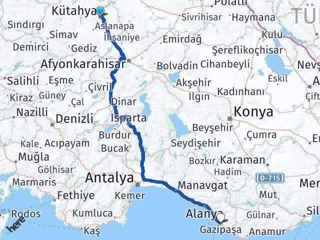 Kütahya Gazipaşa Antalya Arası Kaç Km - Yol Haritası