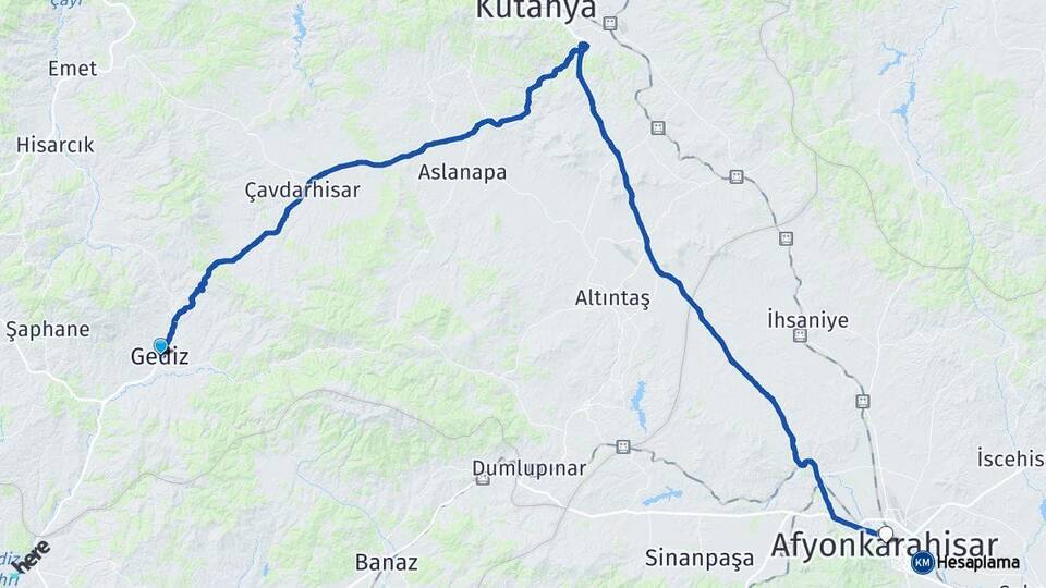 Kütahya Gediz Afyonkarahisar Arası Kaç Km - Yol Haritası