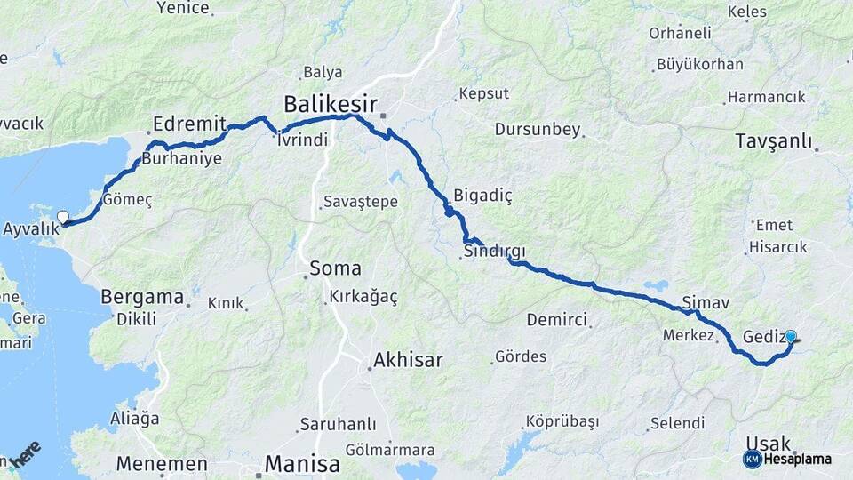 Kütahya Gediz Ayvalık Balıkesir Arası Kaç Km - Yol Haritası