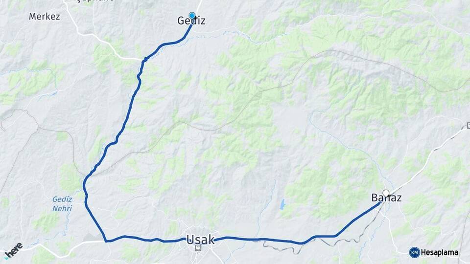 Kütahya Gediz Banaz Uşak Arası Kaç Km - Yol Haritası