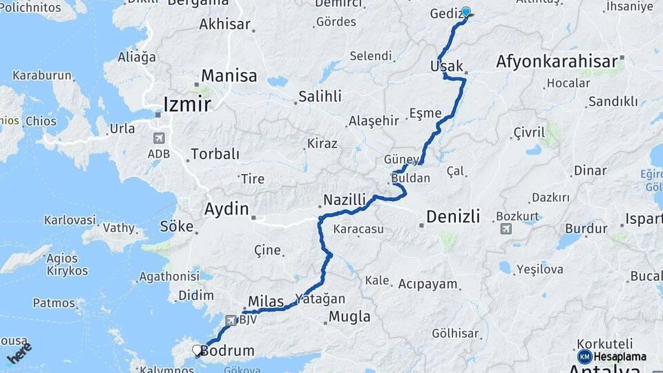 Kütahya Gediz Bodrum Muğla Arası Kaç Km - Yol Haritası