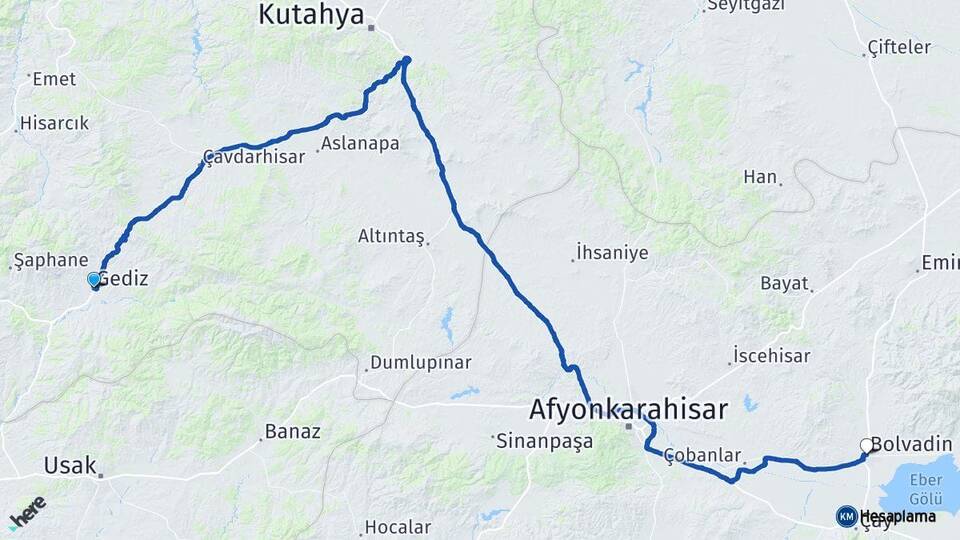 Kütahya Gediz Bolvadin Afyonkarahisar Arası Kaç Km - Yol Haritası