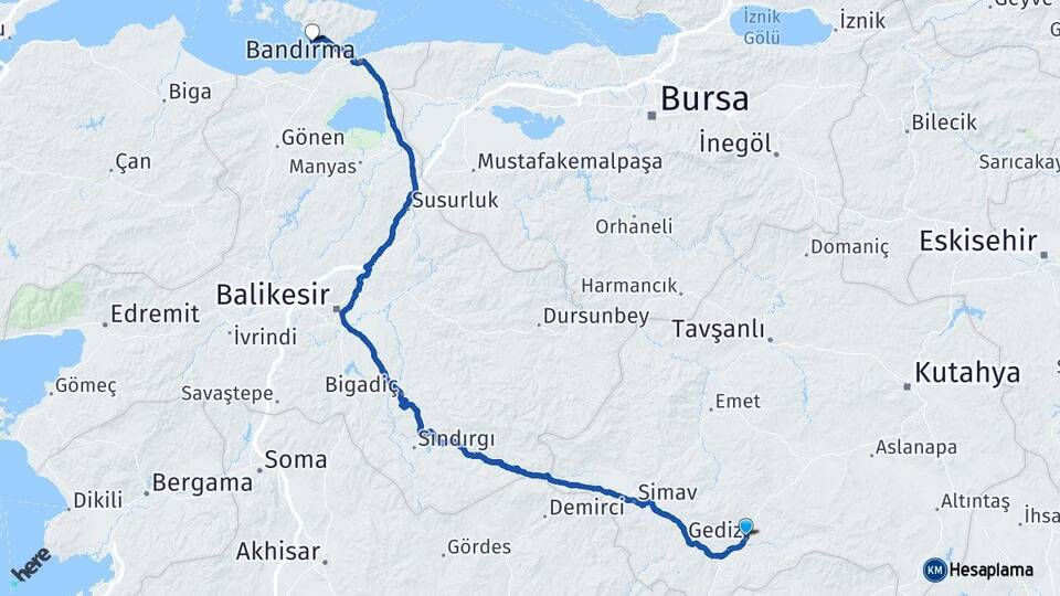 Kütahya Gediz Erdek Balıkesir Arası Kaç Km - Yol Haritası