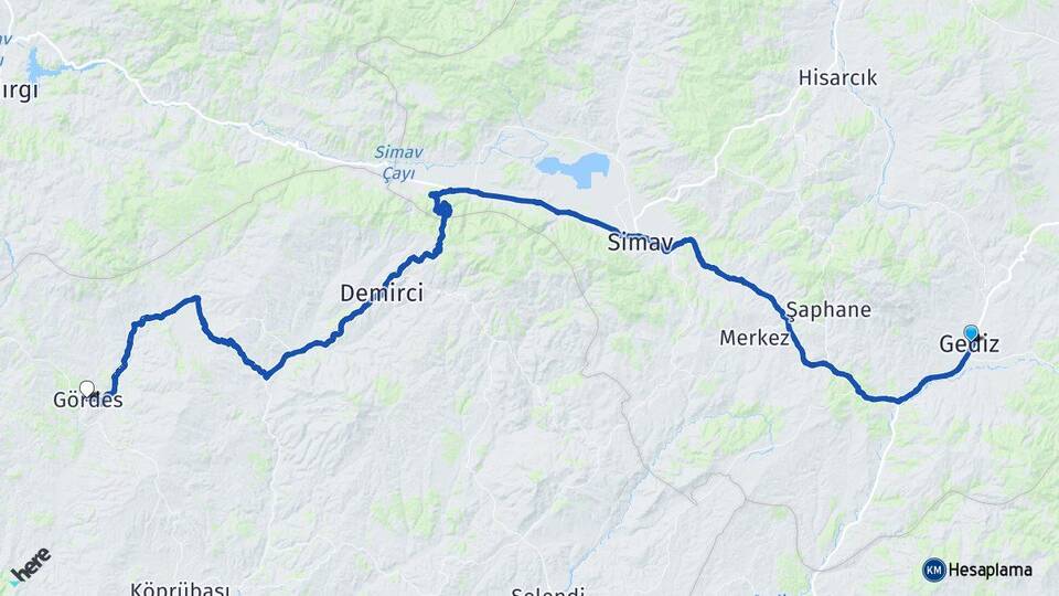 Kütahya Gediz Gördes Manisa Arası Kaç Km - Yol Haritası
