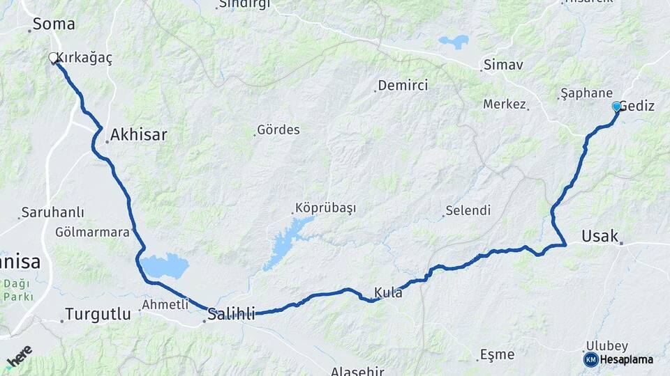 Kütahya Gediz Kırkağaç Manisa Arası Kaç Km - Yol Haritası
