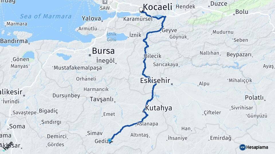 Kütahya Gediz Kocaeli Arası Kaç Km - Yol Haritası