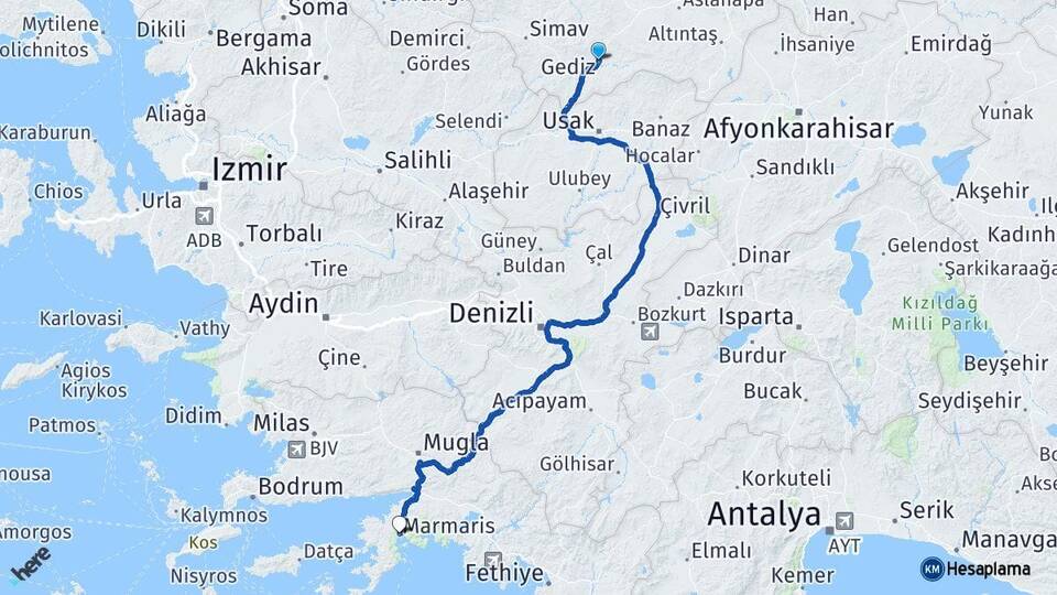 Kütahya Gediz Marmaris Muğla Arası Kaç Km - Yol Haritası