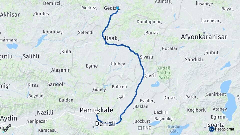 Kütahya Gediz Pamukkale Denizli Arası Kaç Km - Yol Haritası