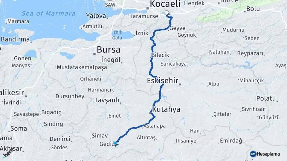 Kütahya Gediz Sapanca Sakarya Arası Kaç Km - Yol Haritası