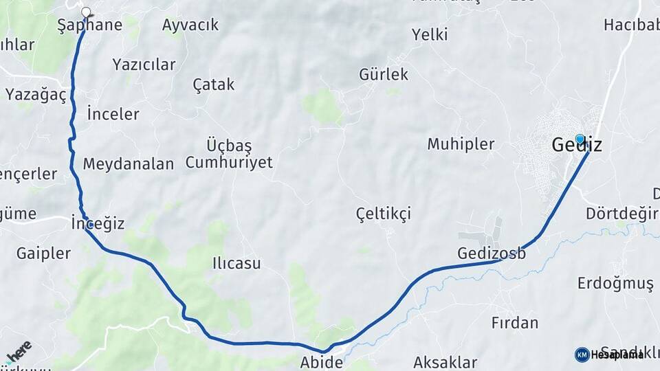 Kütahya Gediz Şaphane Arası Kaç Km - Yol Haritası
