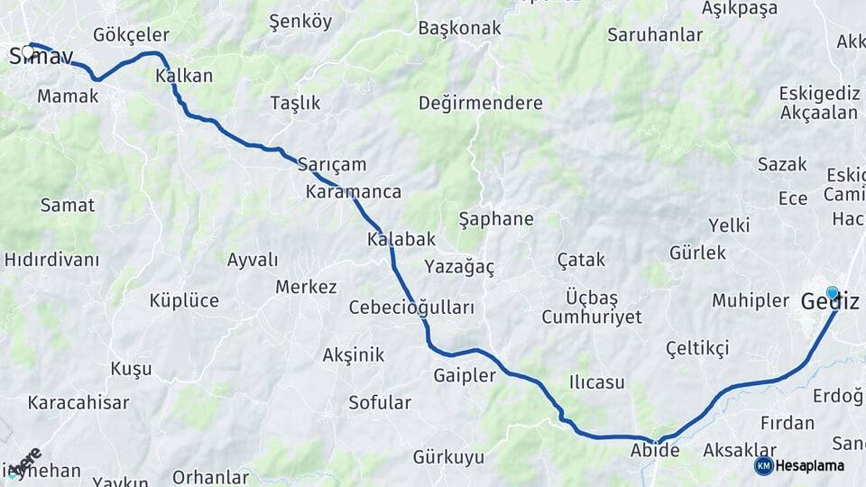 Kütahya Gediz Simav Arası Kaç Km - Yol Haritası