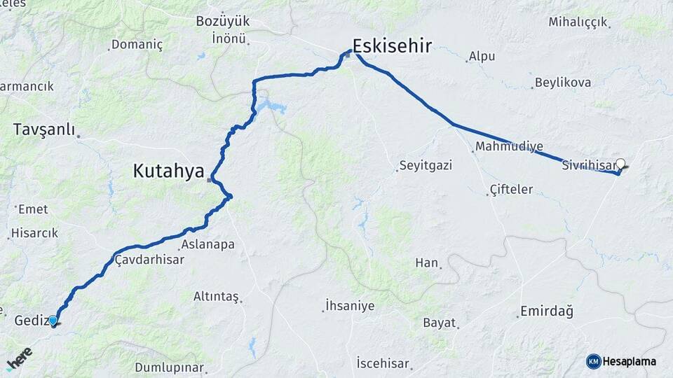 Kütahya Gediz Sivrihisar Eskişehir Arası Kaç Km - Yol Haritası
