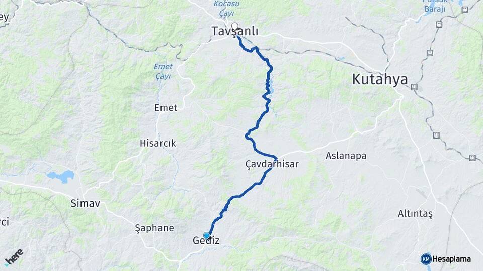 Kütahya Gediz Tavşanlı Arası Kaç Km - Yol Haritası