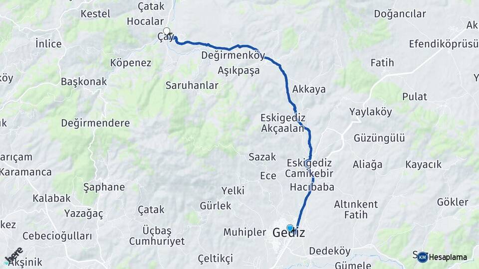 Kütahya Gediz Yeşilçay Gediz Arası Kaç Km - Yol Haritası