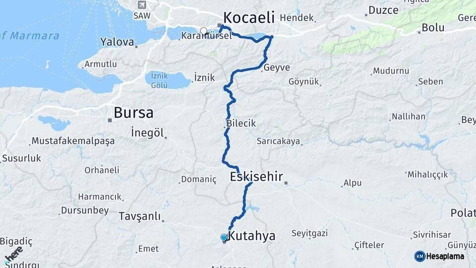 Kütahya Gölcük Kocaeli Arası Kaç Km - Yol Haritası