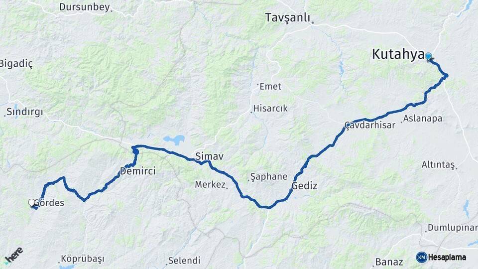 Kütahya Gördes Manisa Arası Kaç Km - Yol Haritası