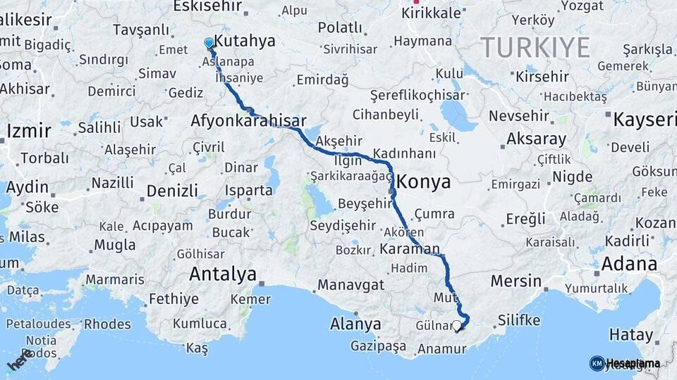 Kütahya Gülnar Mersin Arası Kaç Km - Yol Haritası