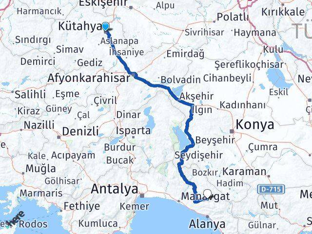 Kütahya Gündoğmuş Antalya Arası Kaç Km - Yol Haritası