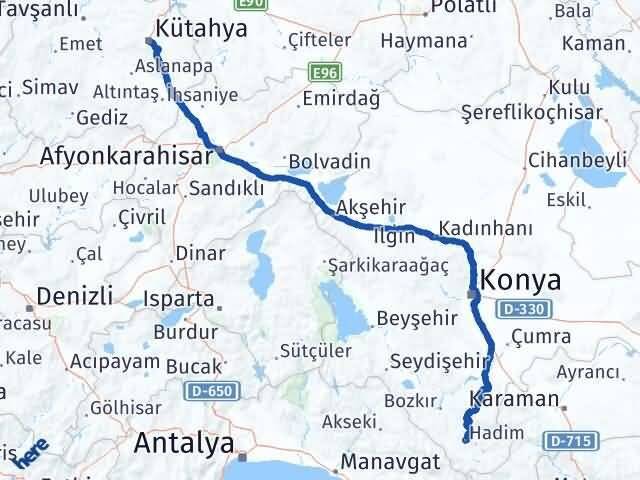 Kütahya Hadim Konya Arası Kaç Km - Yol Haritası