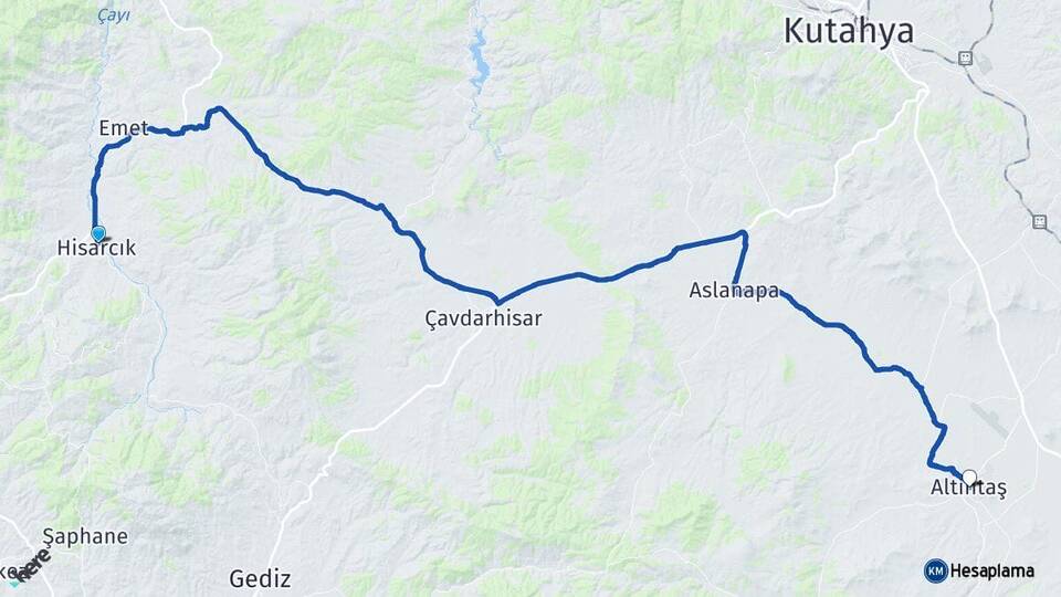 Kütahya Hisarcık Altıntaş Arası Kaç Km - Yol Haritası