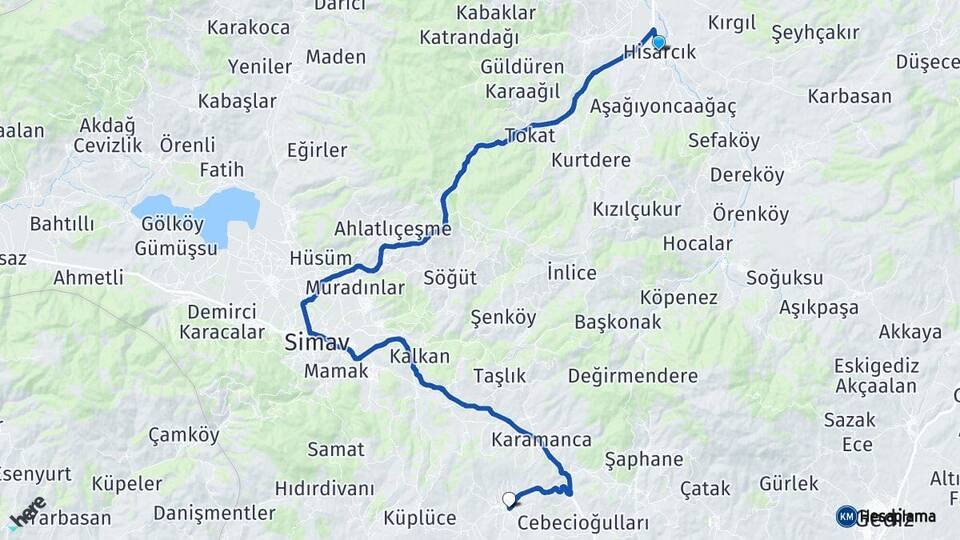 Kütahya Hisarcık Pazarlar Arası Kaç Km - Yol Haritası