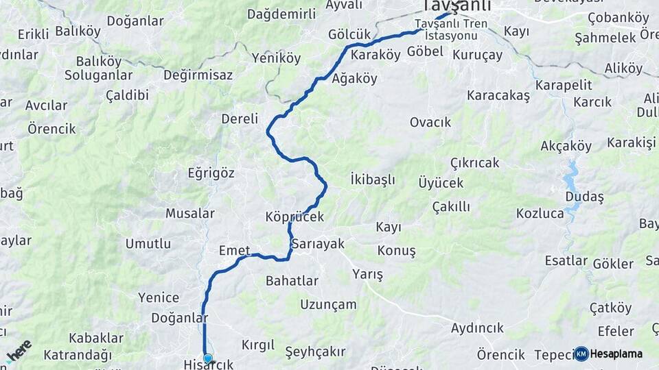 Kütahya Hisarcık Tavşanlı Arası Kaç Km - Yol Haritası