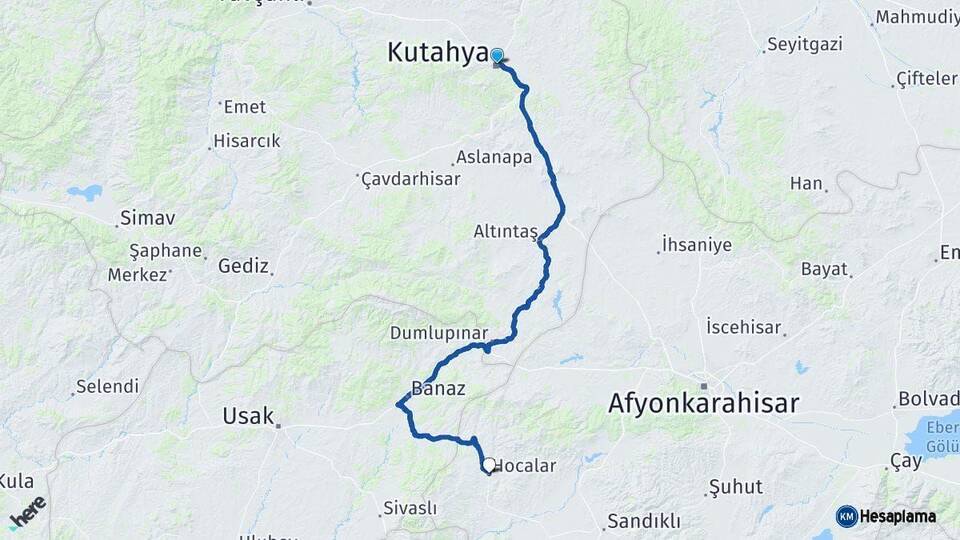 Kütahya Hocalar Afyonkarahisar Arası Kaç Km - Yol Haritası